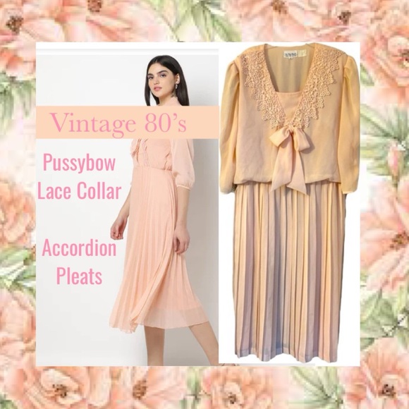 Vintage 80’s Dress Peach Accordion Pleated Pussybow Lace Collar Padded Shoulders - Picture 16 of 16